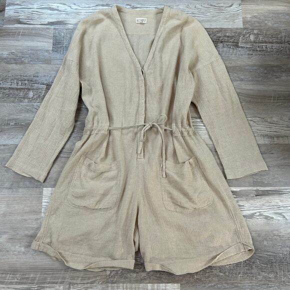ROWIE Linen Romper Beige Cotton Button Down Tie Waist Oversized Fit - Picture 1 of 8